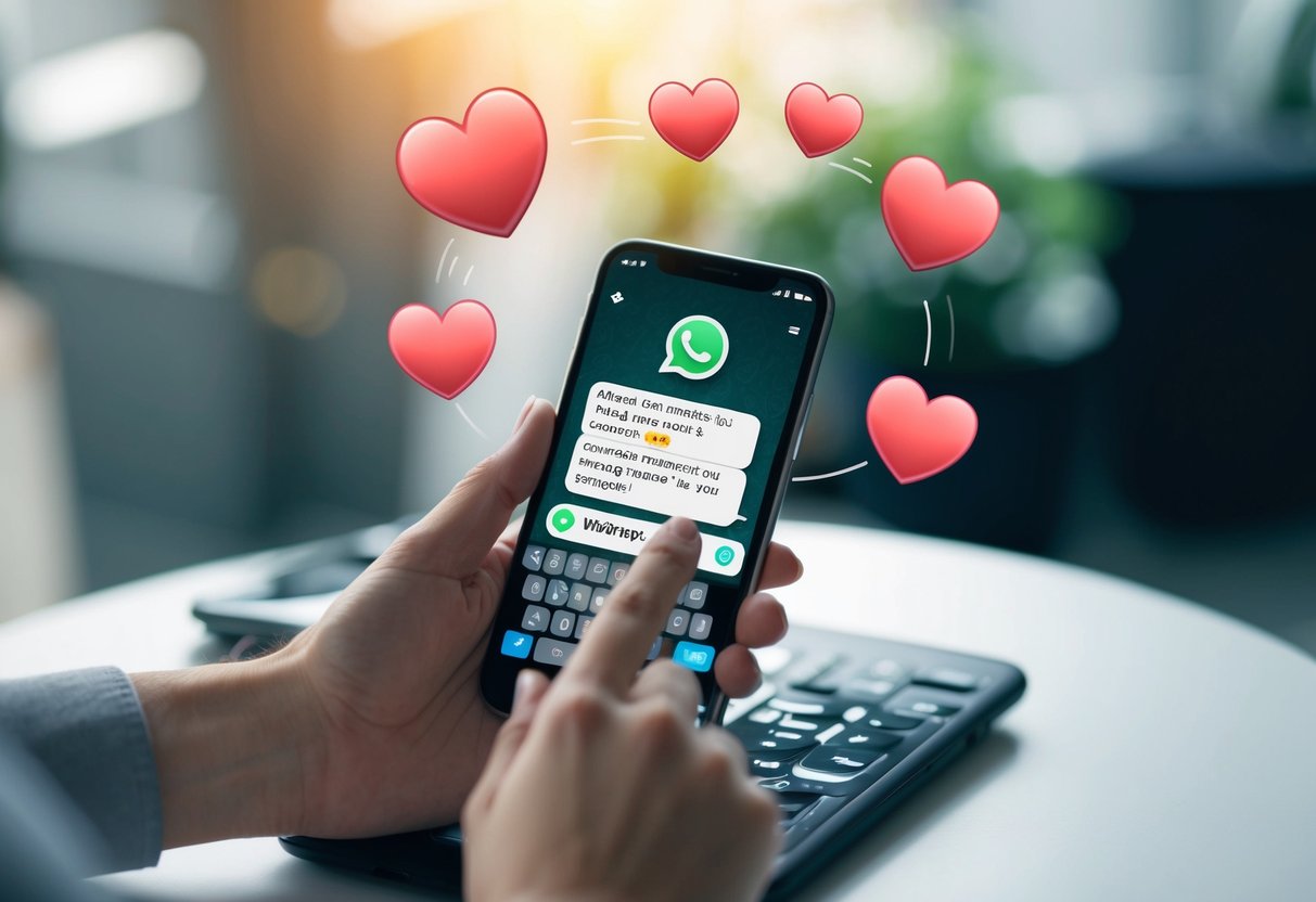 A person typing on a smartphone with a Whatsapp conversation open, surrounded by heart emojis and chat bubbles