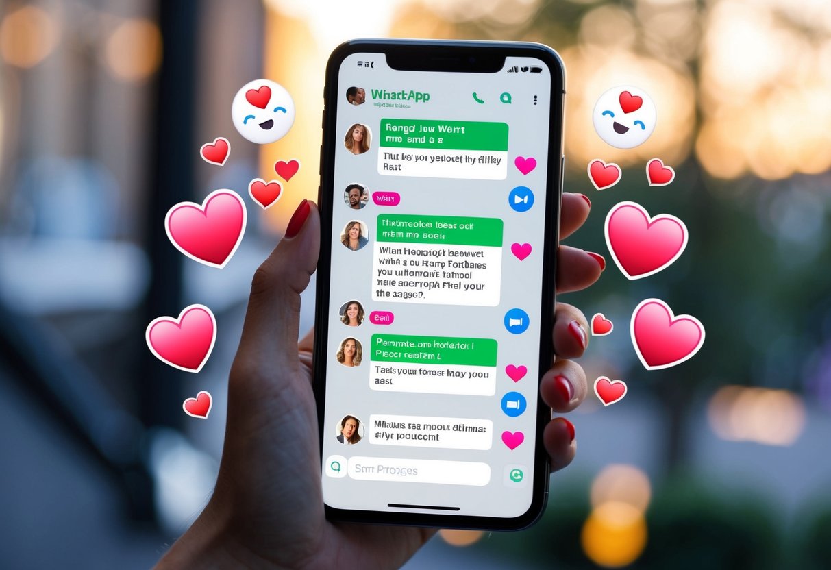 A smartphone displaying a Whatsapp chat window with two profiles exchanging flirty messages, surrounded by heart emojis and playful stickers