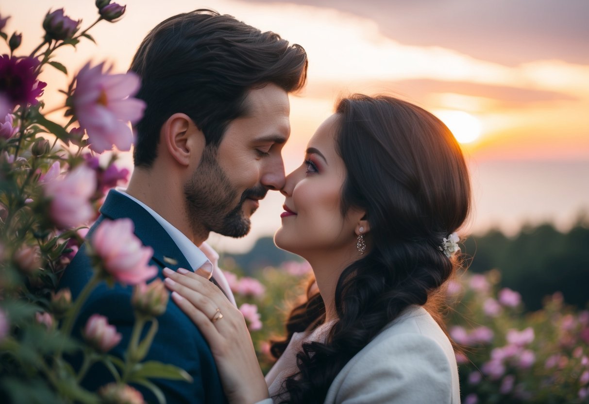 A couple gazes into each other's eyes, surrounded by blooming flowers and a serene sunset, their love evident in their tender embrace