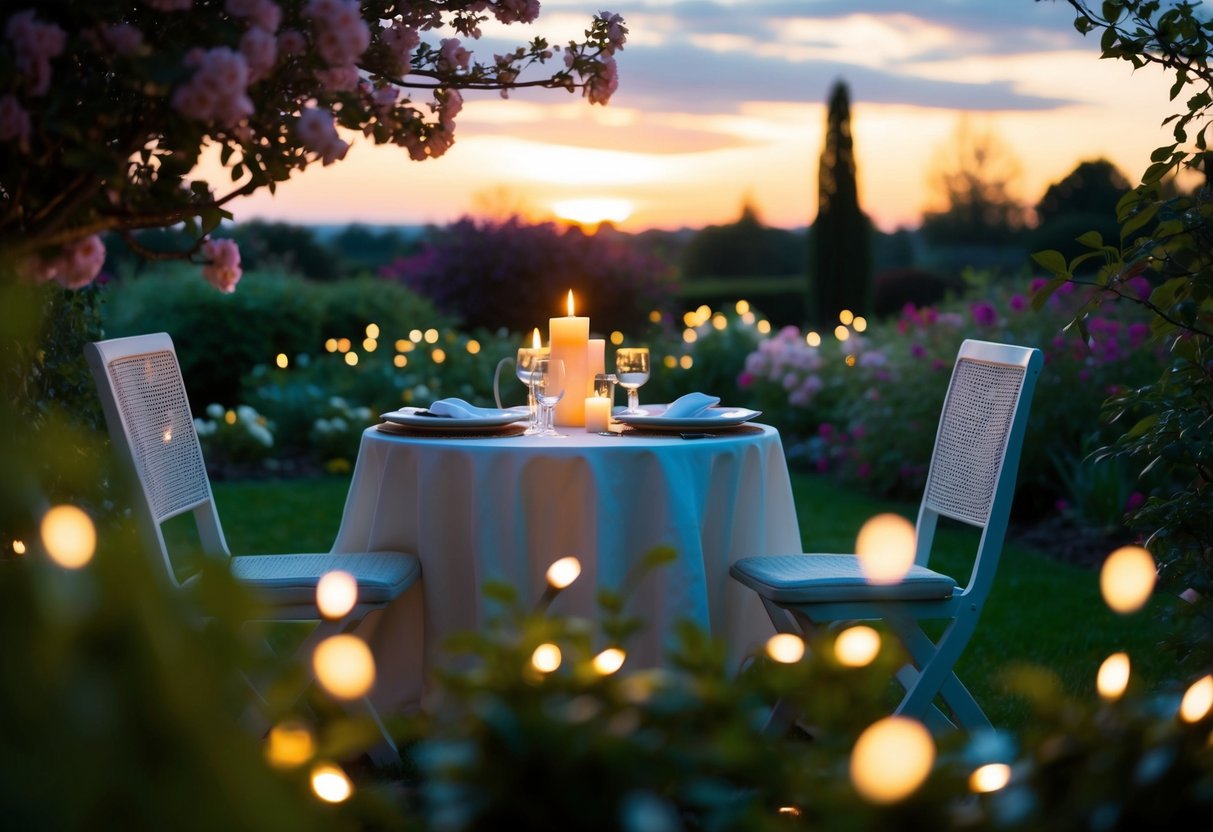 A peaceful garden at sunset, with blooming flowers and a gentle breeze. The soft glow of candlelight illuminates a table set for two, surrounded by twinkling fairy lights