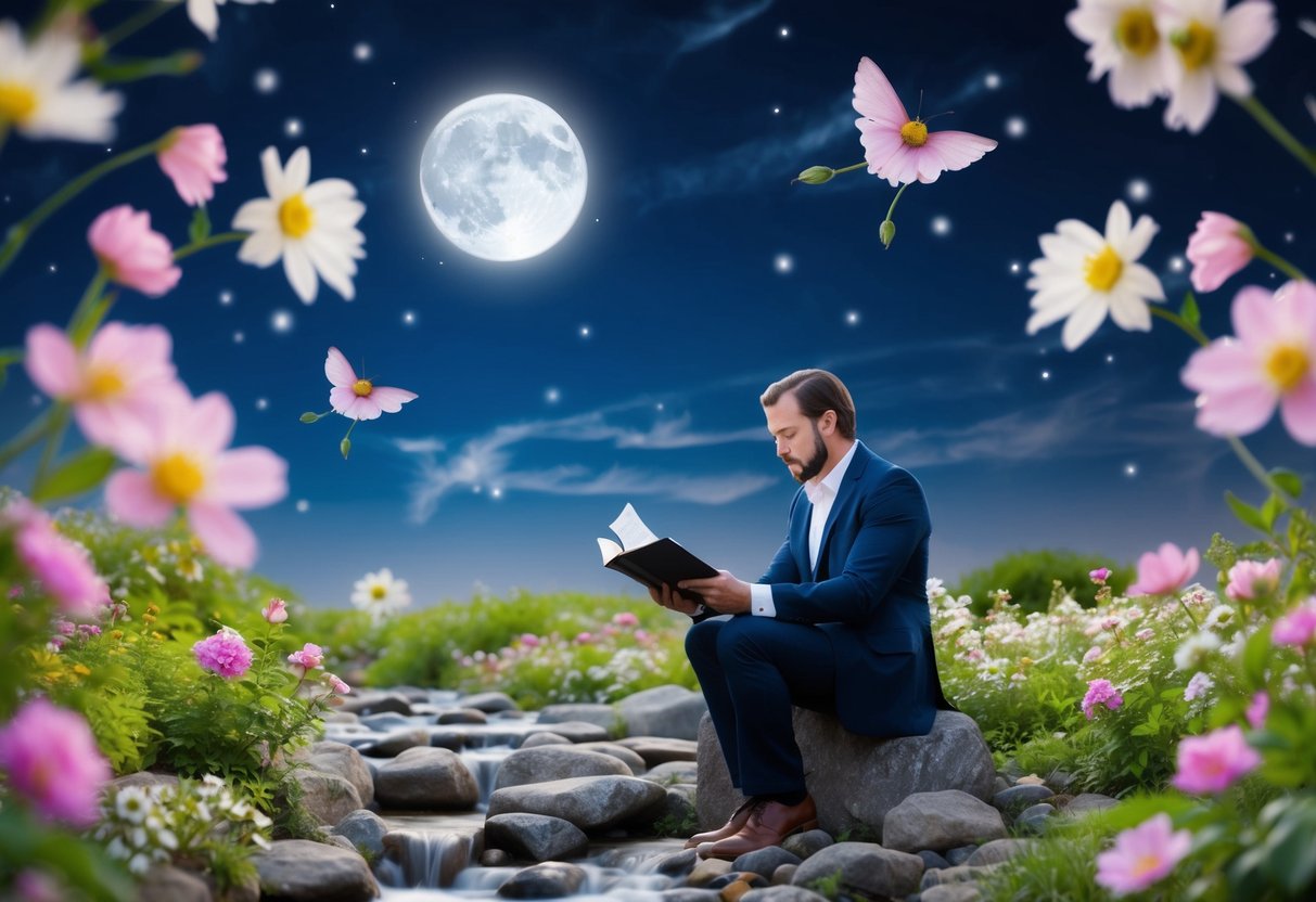 A poet sits under a moonlit sky, surrounded by blooming flowers and flowing streams, as he is inspired by the muses to write a love poem with rhymes