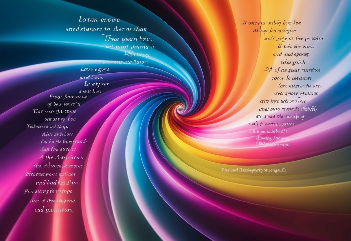 Vibrant colors and swirling shapes evoke love and passion in a poetic setting, with verses and stanzas flowing gracefully