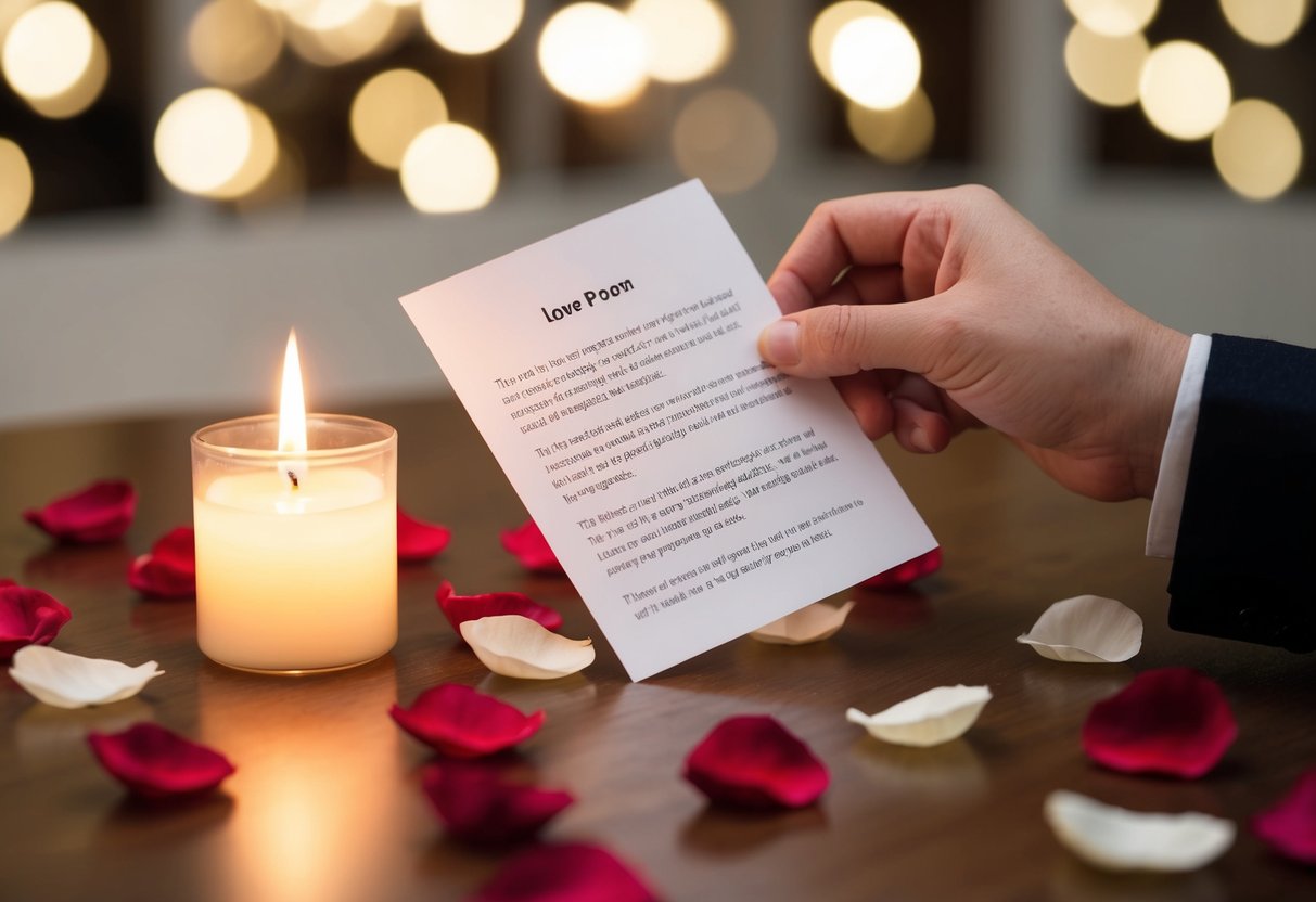 A person's hand placing a love poem on a table, surrounded by scattered rose petals and a flickering candle