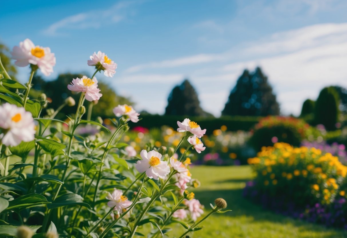 A serene garden with blooming flowers and a clear blue sky