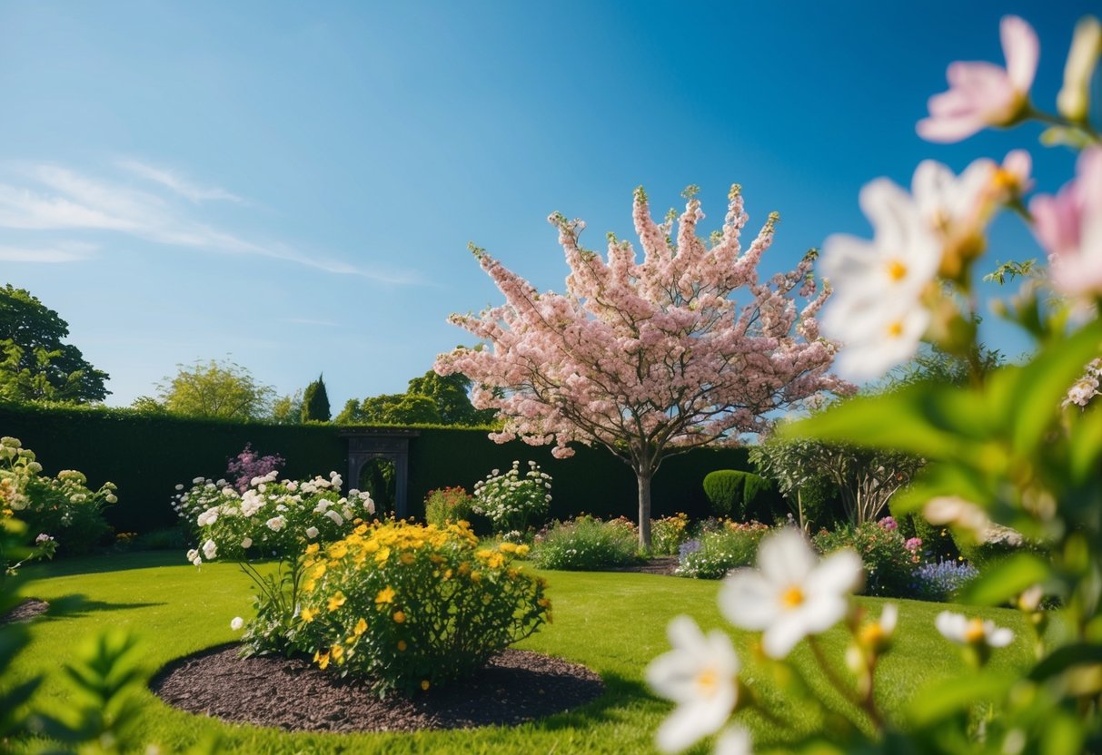 A tranquil garden with blooming flowers and a gentle breeze, under a clear blue sky