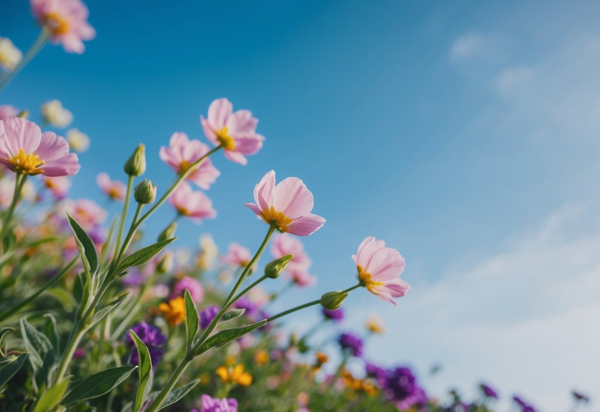 A blooming flower garden under a clear blue sky, with vibrant colors and delicate petals swaying in the gentle breeze