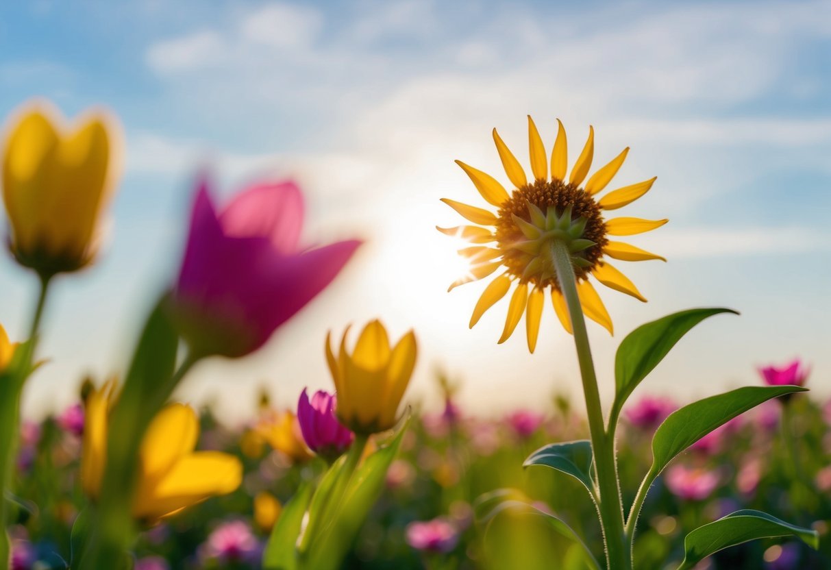 A blooming flower reaching towards the sun, surrounded by vibrant colors and delicate petals, symbolizing beauty and grace