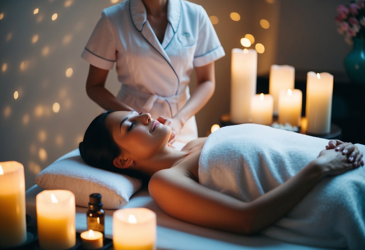 A person lies on a luxurious massage table, surrounded by soft candlelight and the soothing scent of essential oils. A skilled masseuse stands nearby, ready to begin the royal massage experience