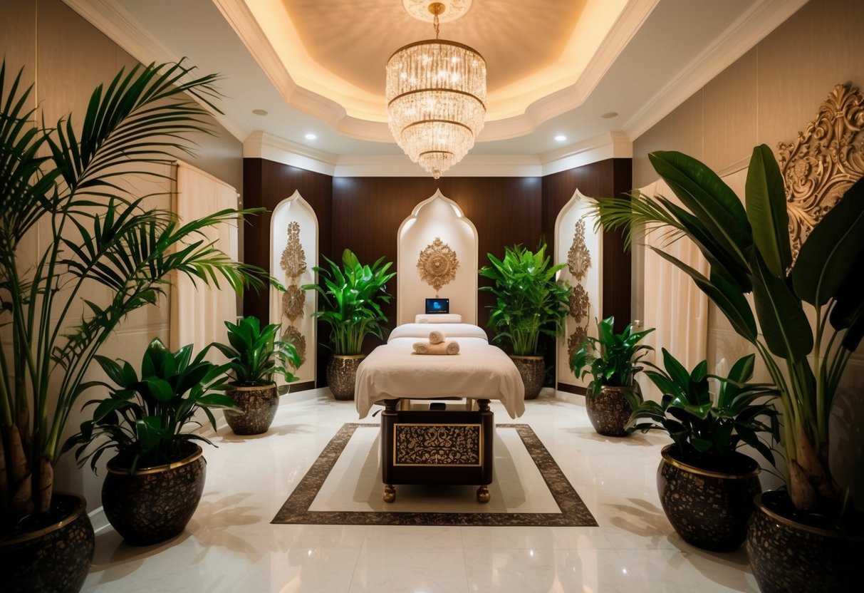 A luxurious spa room with ornate decor and soft lighting, featuring a massage table surrounded by exotic plants and soothing music