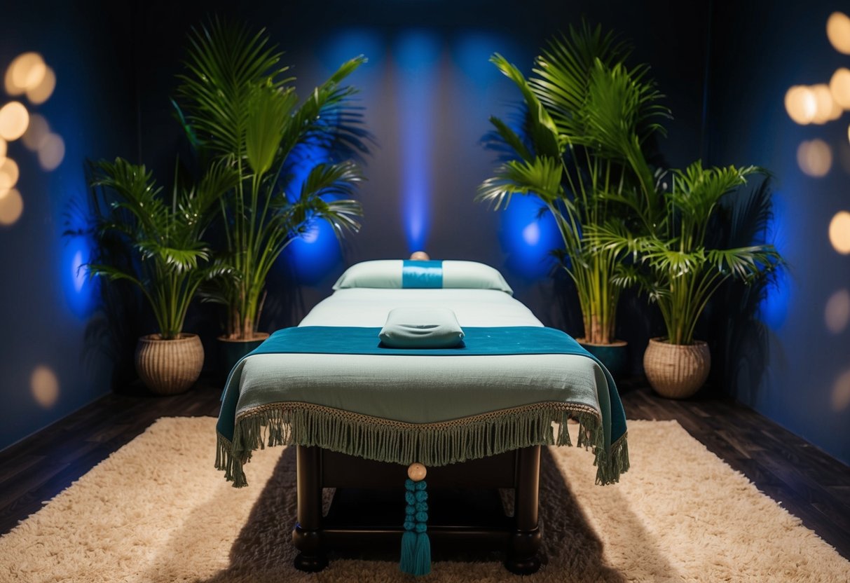 A serene, dimly lit room with a large, ornate massage table at the center. Soft, ambient music plays in the background as the table is surrounded by exotic plants and luxurious fabrics