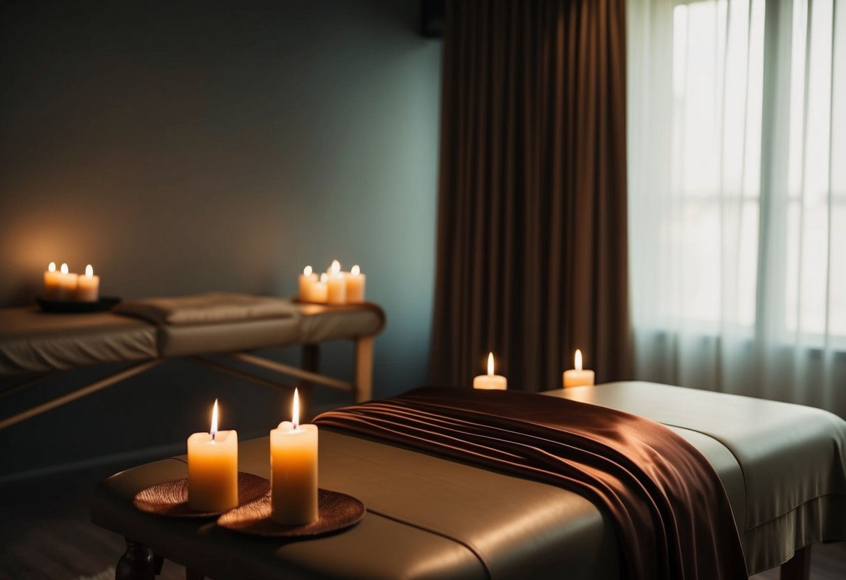 A serene, dimly lit room with a luxurious massage table draped in rich, silky fabrics. Aromatherapy candles flicker, casting a warm glow over the space. Subtle, soothing music plays in the background