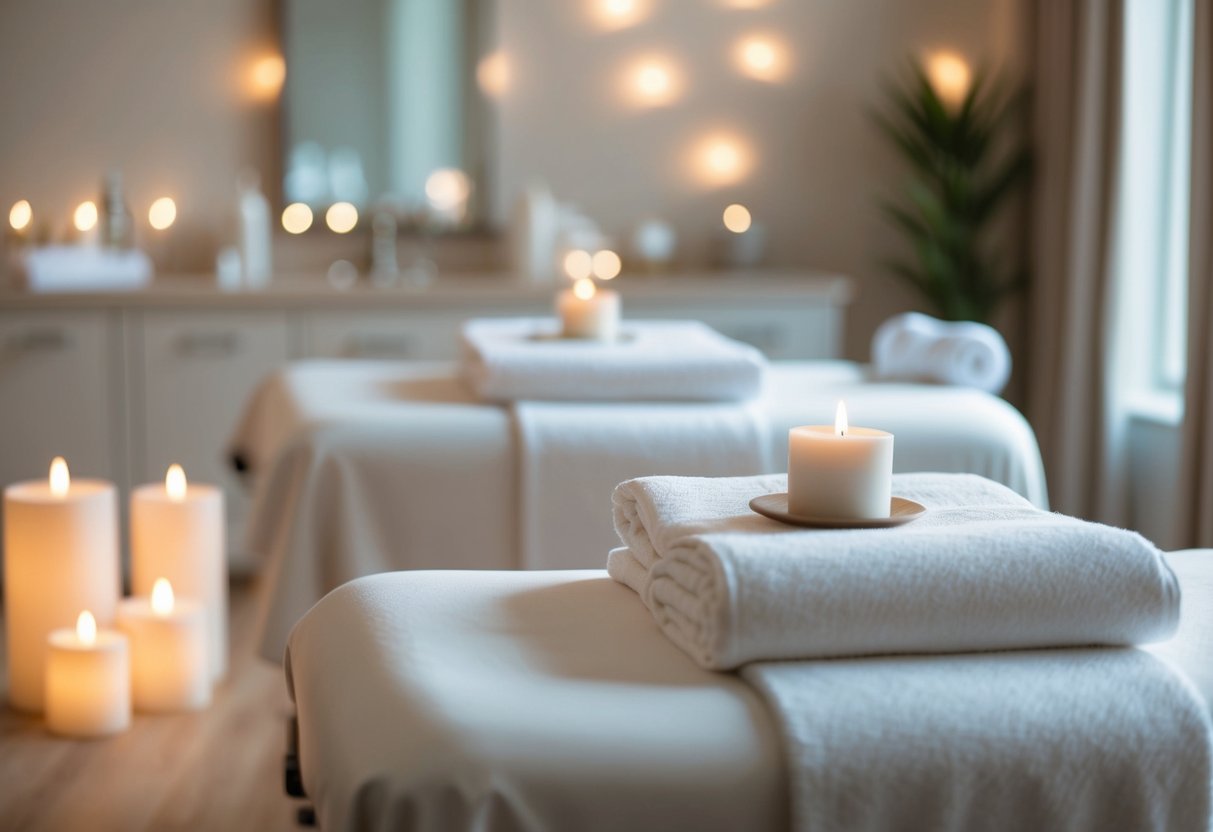 A serene spa room with a luxurious massage table, soft ambient lighting, and soothing decor