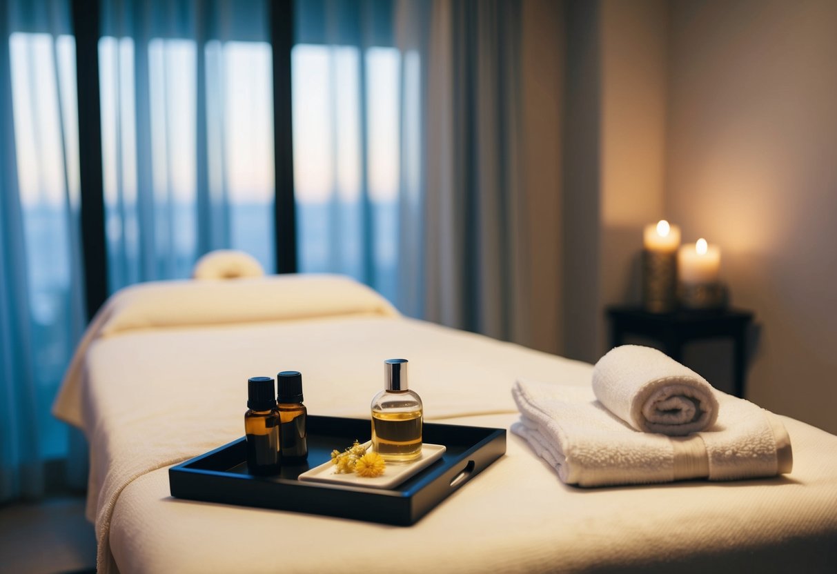 A serene spa room with a massage table, soft lighting, and soothing music. A tray of essential oils and a fluffy robe await