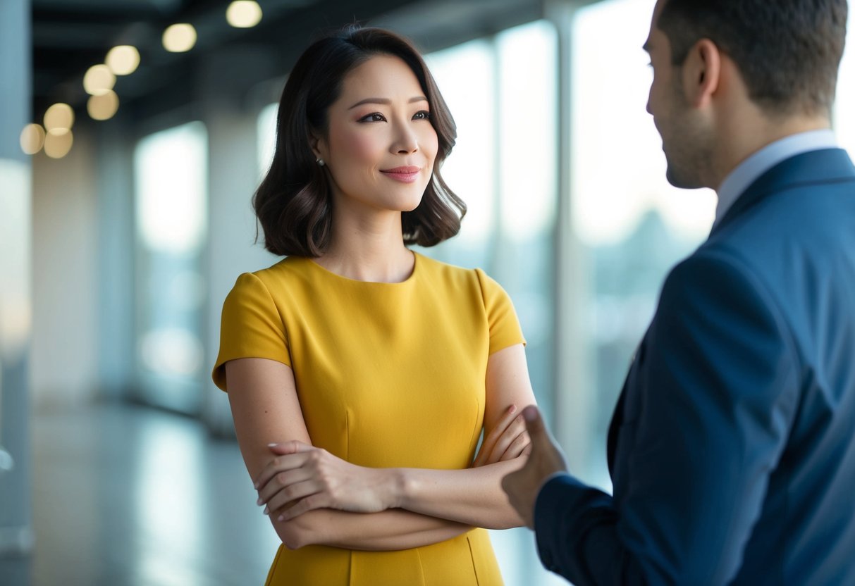 A woman stands with a thoughtful expression as a man addresses her by name, his body language indicating a mix of confidence and curiosity