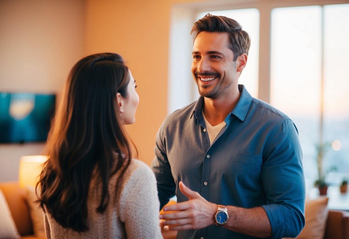 A man standing in a warm, intimate setting, smiling as he calls out a woman's name, creating a sense of affection and connection