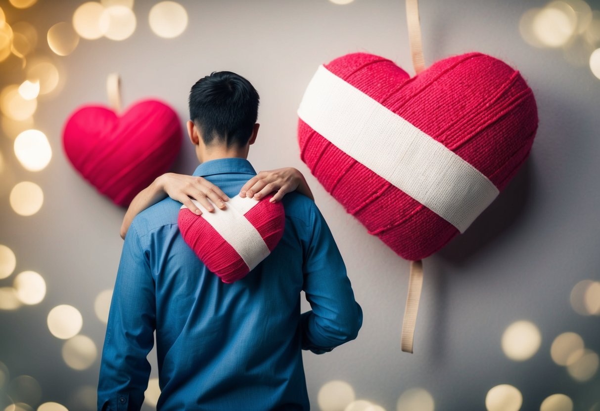 A person walking away from a bandage-wrapped heart, then turning back to embrace it