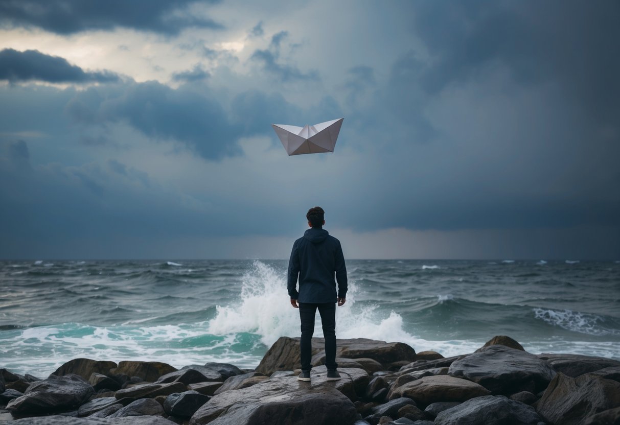 A person standing on a rocky shore, watching a paper boat being tossed in a stormy sea, symbolizing the idea of getting back with an ex after a rebound relationship