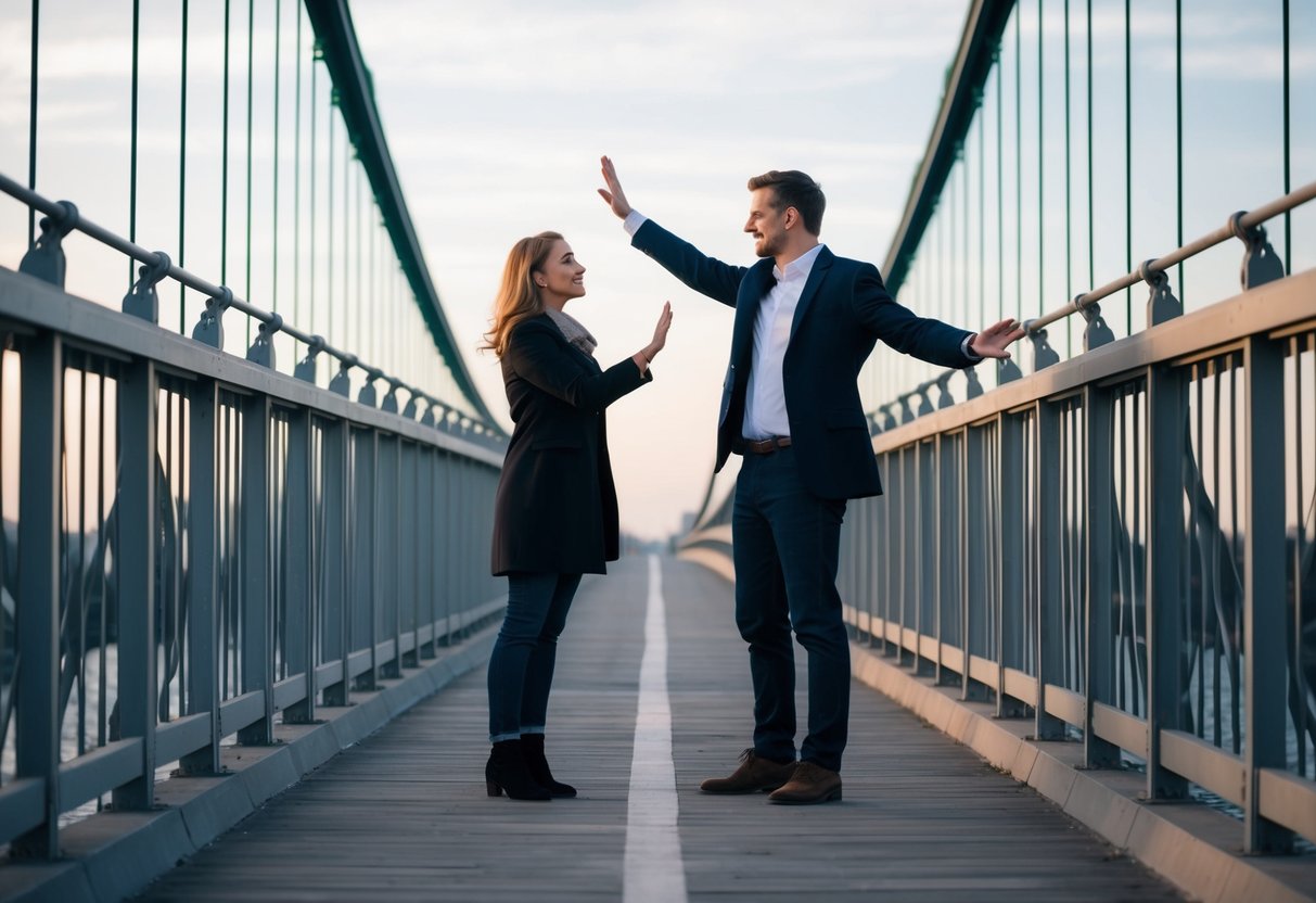 A couple standing on opposite sides of a bridge, one reaching out while the other remains firm in their position