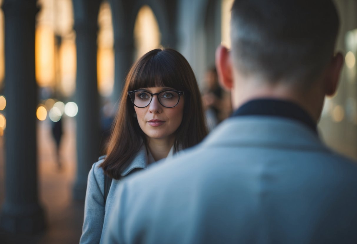 A figure watches another from afar, unaware, creating a sense of voyeurism and secrecy