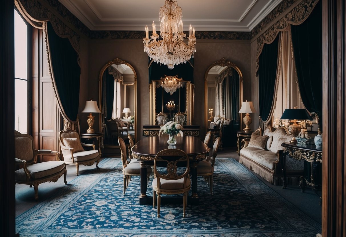 A historical setting with a regal atmosphere, featuring ornate furniture and luxurious textiles, with a hint of secrecy and voyeurism