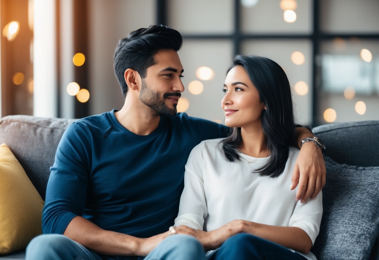 A couple sitting on a couch, one person looking away while the other person watches with a mix of desire and anticipation