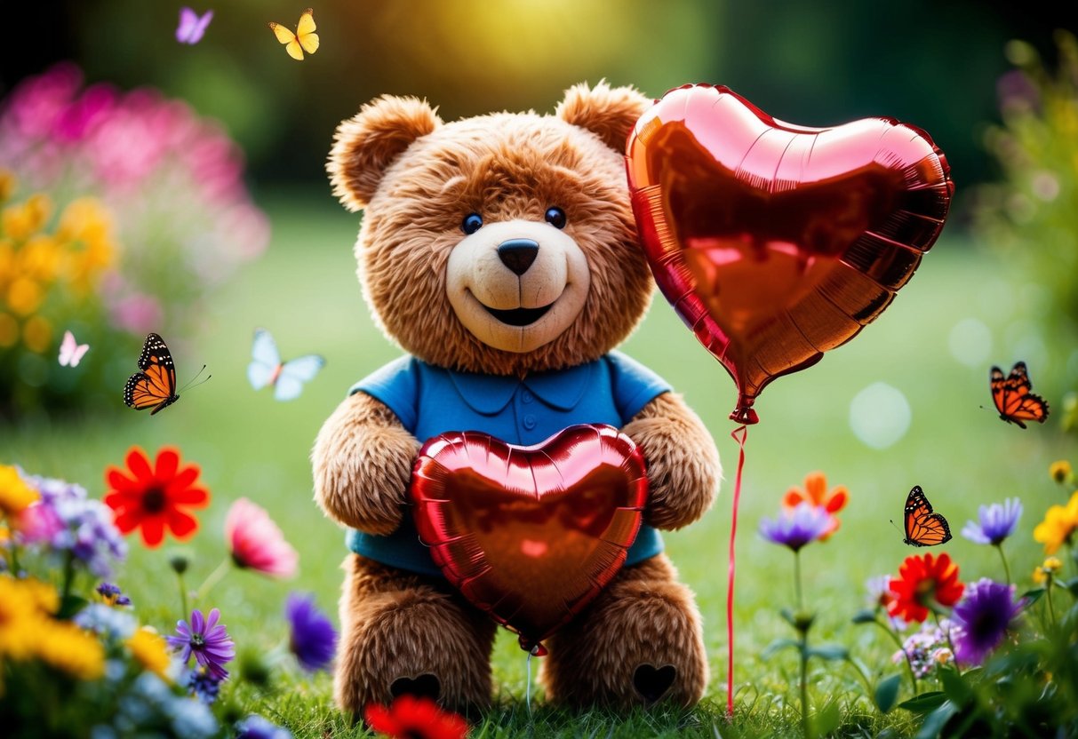 A cute nickname for a guy. A smiling bear holding a heart-shaped balloon, surrounded by colorful flowers and butterflies