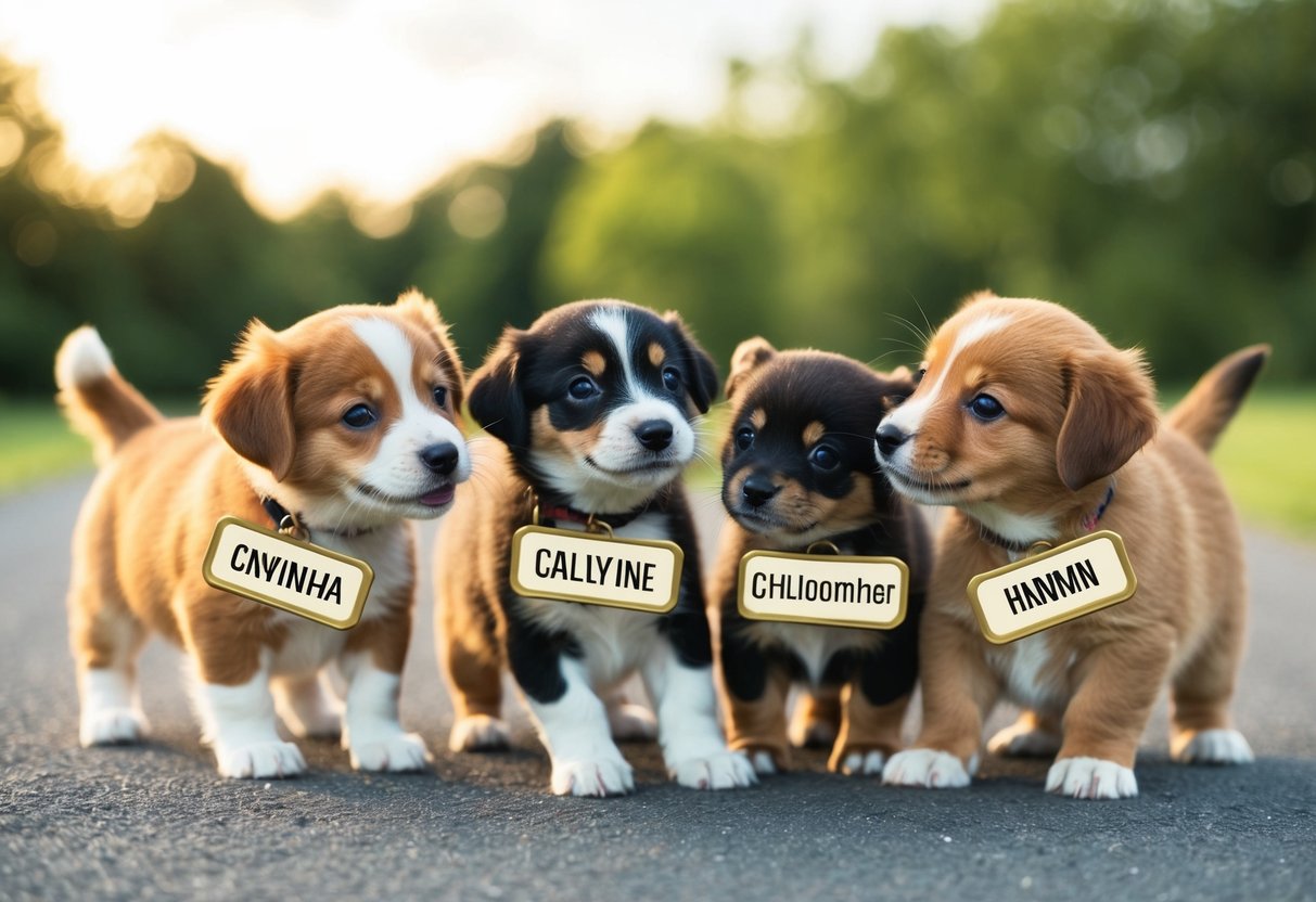 A group of cute animals playing together, each with a name tag showing a shortened, adorable nickname based on their full name