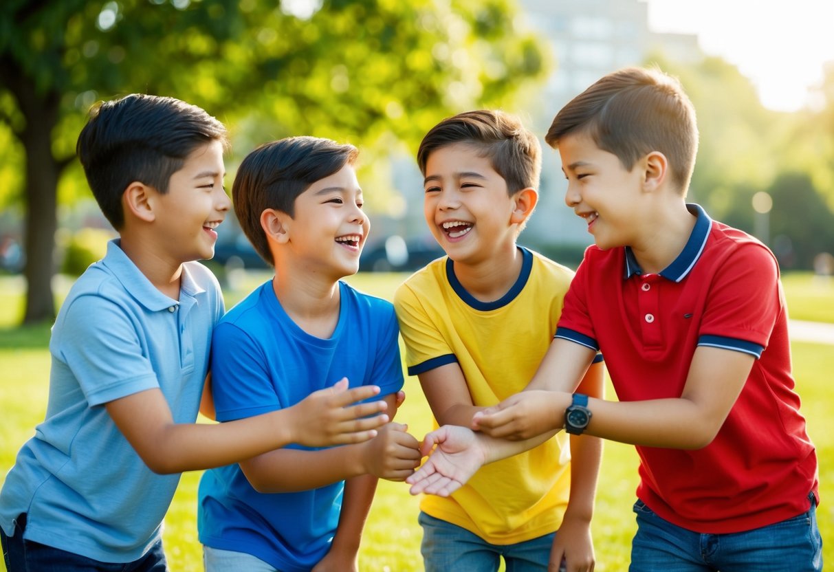 A group of young boys playing in a sunny park, laughing and giving each other classic and timeless nicknames, creating a warm and friendly atmosphere