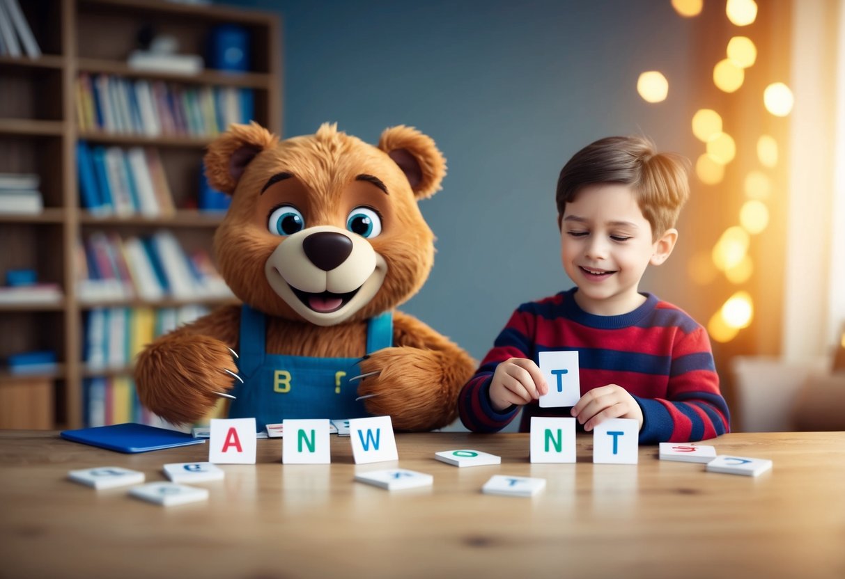 A smiling cartoon bear carefully selects letters from a pile to create a cute nickname for a young boy