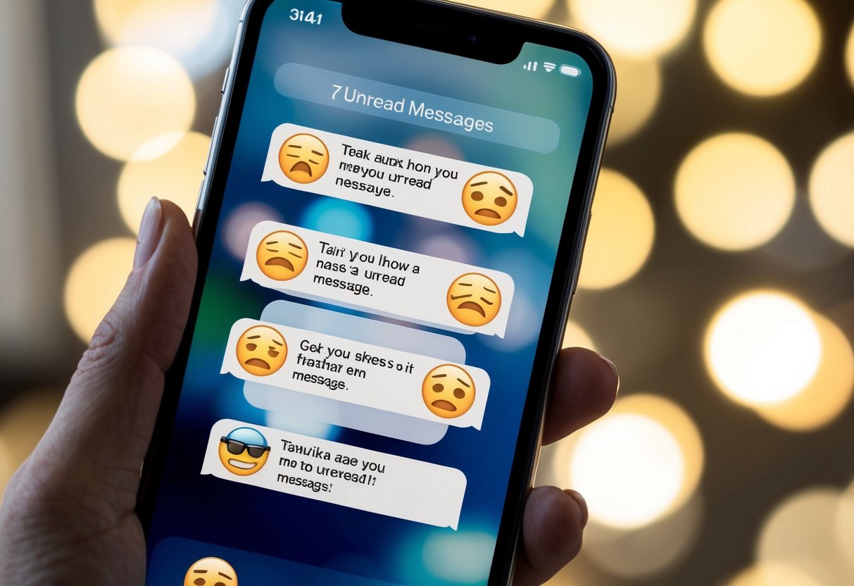 A phone screen with 7 unread messages, each showing a frustrated or annoyed emoji