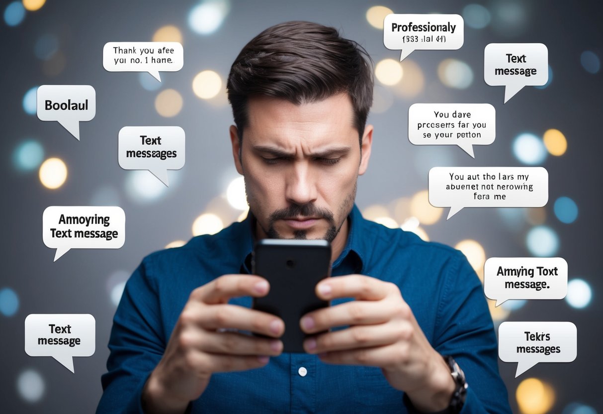 A man frowns while looking at his phone, surrounded by various types of annoying text messages