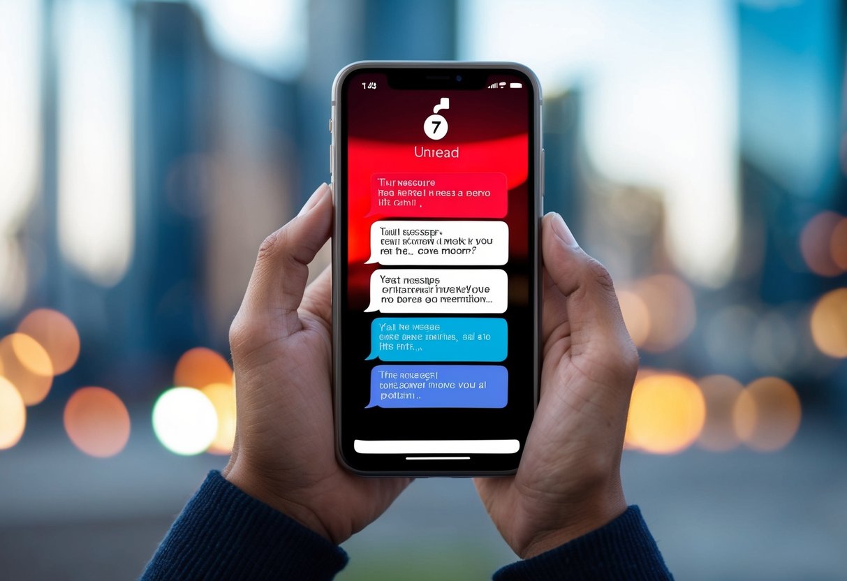 A phone screen displaying 7 unread text messages, with a frustrated expression