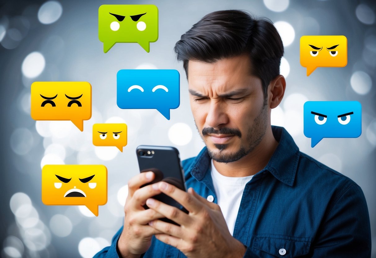 A man frowning at his phone, surrounded by seven floating text message bubbles, each with a different annoyed expression