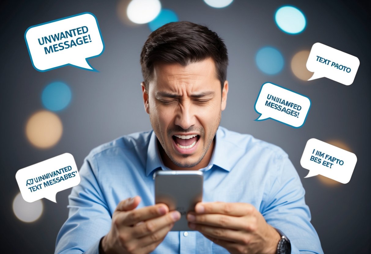 A man receiving multiple unwanted text messages, expressing frustration and annoyance