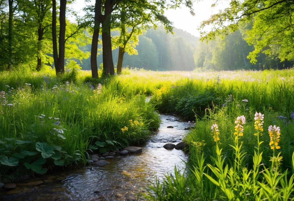 A serene, sunlit forest glade with wildflowers and a gentle stream, surrounded by lush greenery and dappled sunlight