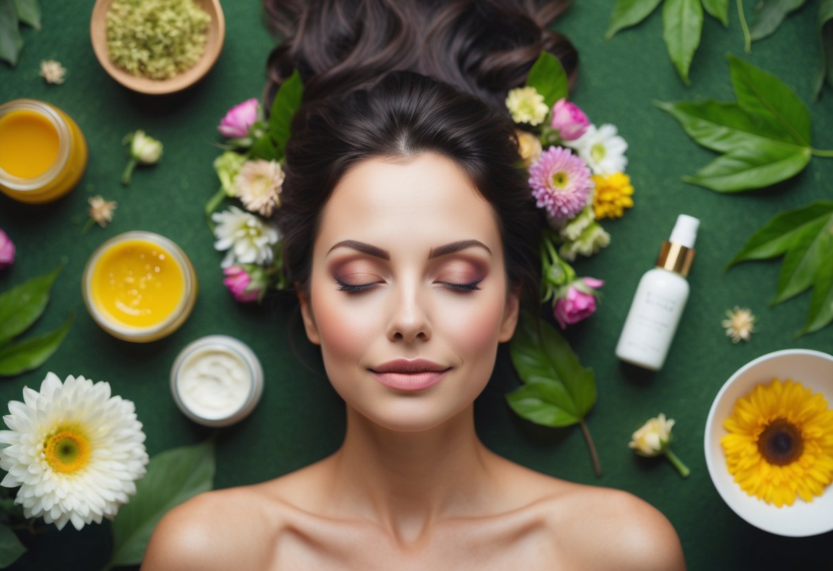 A serene woman surrounded by natural elements, such as flowers, leaves, and organic beauty products, practicing a natural beauty ritual