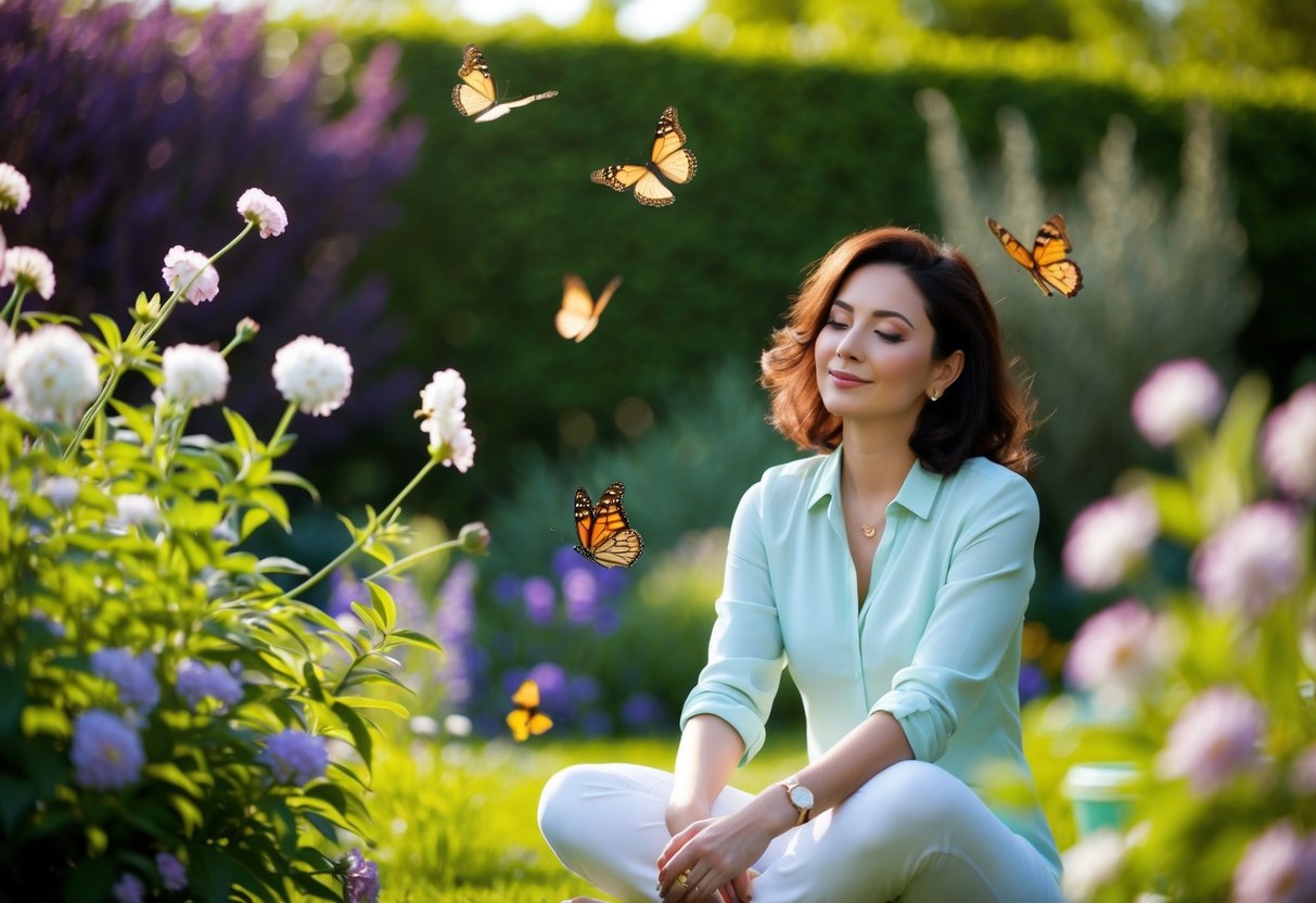 A serene garden with blooming flowers and butterflies fluttering around. A woman sits peacefully, surrounded by nature, exuding natural beauty and confidence