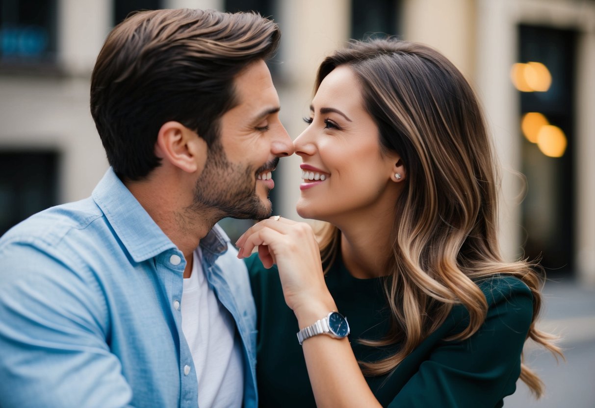 A man and a woman are engaged in a flirty conversation, leaning in close with suggestive body language and playful smiles