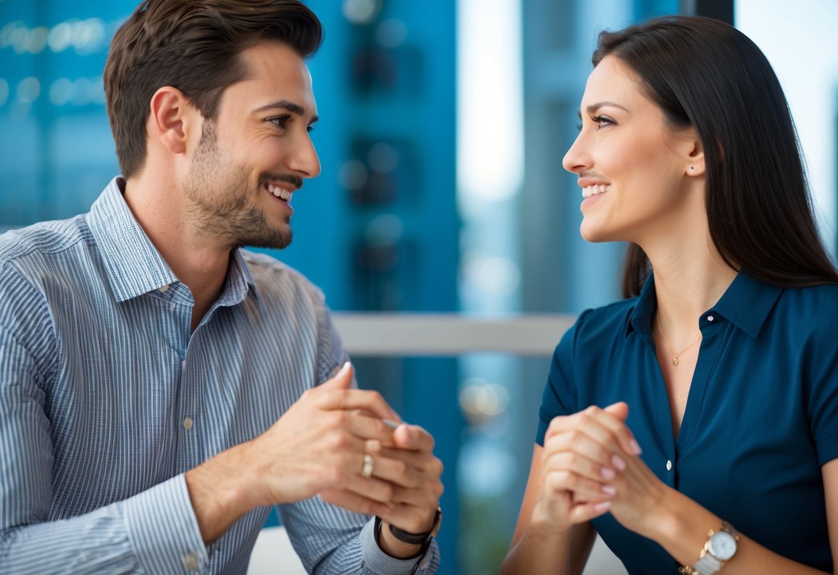 A man and a woman engage in conversation, maintaining eye contact and open body language, conveying mutual interest and respect