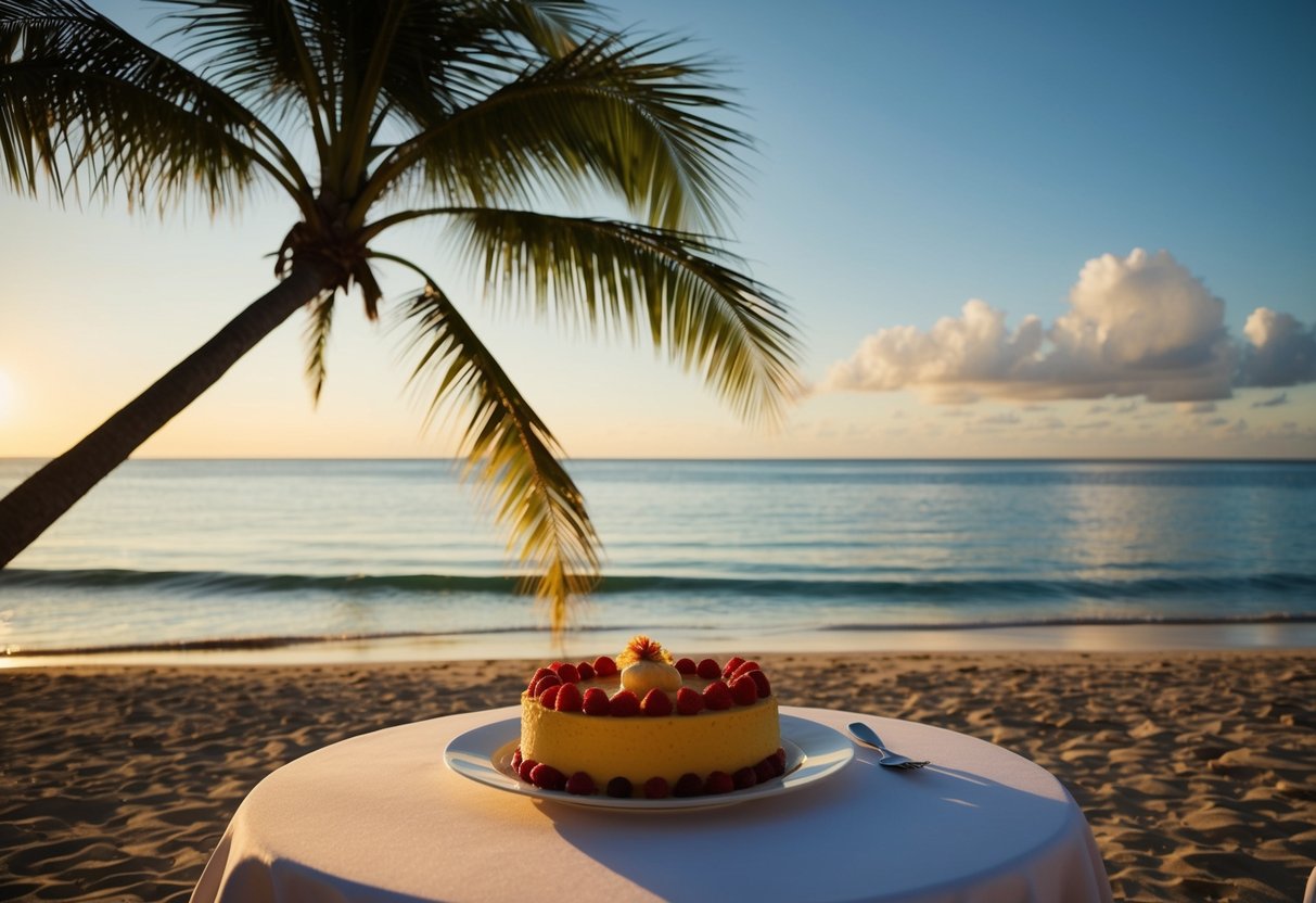 A tropical beach at sunset, with a palm tree casting a long shadow over a table set with a traditional tourment d'amour dessert