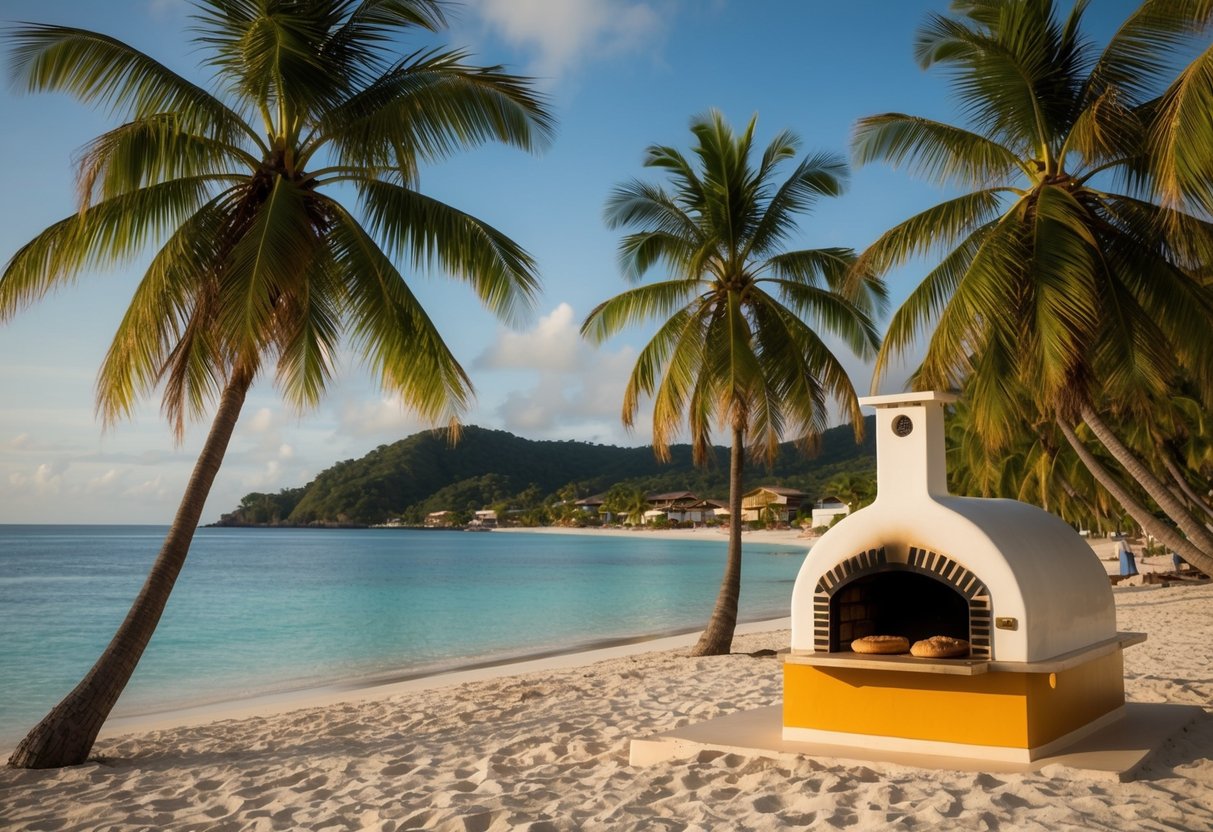 A tropical beach with coconut trees, a small village in the background, and a traditional oven baking Tourment d'Amour pastries