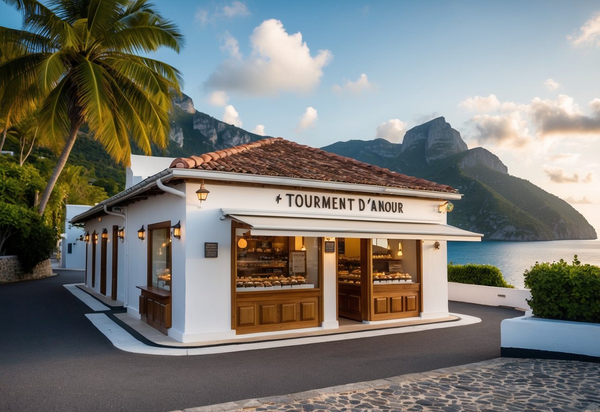 The iconic patisserie of Les Saintes, with its famous "tourment d'amour" pastries, set against a picturesque backdrop of the island's stunning natural beauty