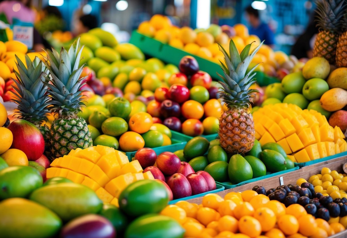 A colorful tropical fruit market with a variety of exotic fruits on display, including mangoes, pineapples, and passion fruits. The vibrant and lively atmosphere captures the essence of the love of taste