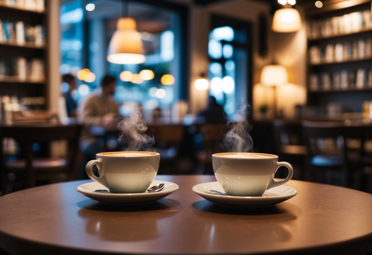 A cozy coffee shop with two cups on a table, surrounded by books and soft lighting, creating a warm and inviting atmosphere for conversation