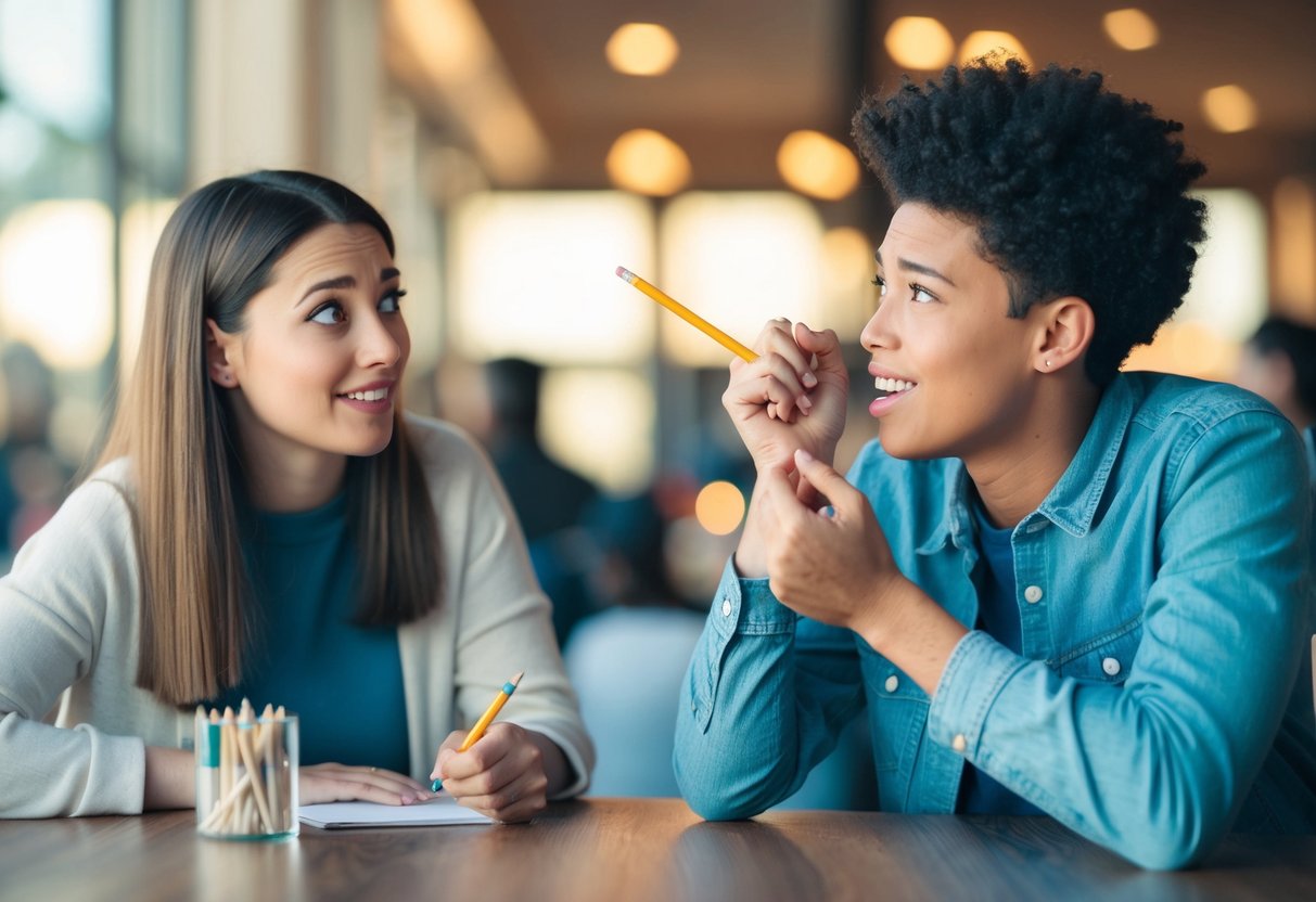 A person nervously fidgets with a pencil as they try to strike up a conversation with their crush. They appear eager and slightly anxious, but determined to find the right words to engage their crush