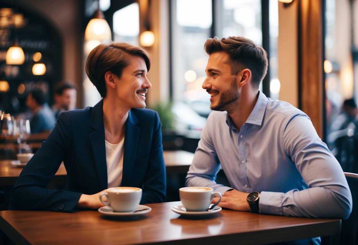 Two people sitting at a café, engaged in deep conversation, leaning in with animated expressions. A warm, inviting atmosphere with steaming cups of coffee on the table