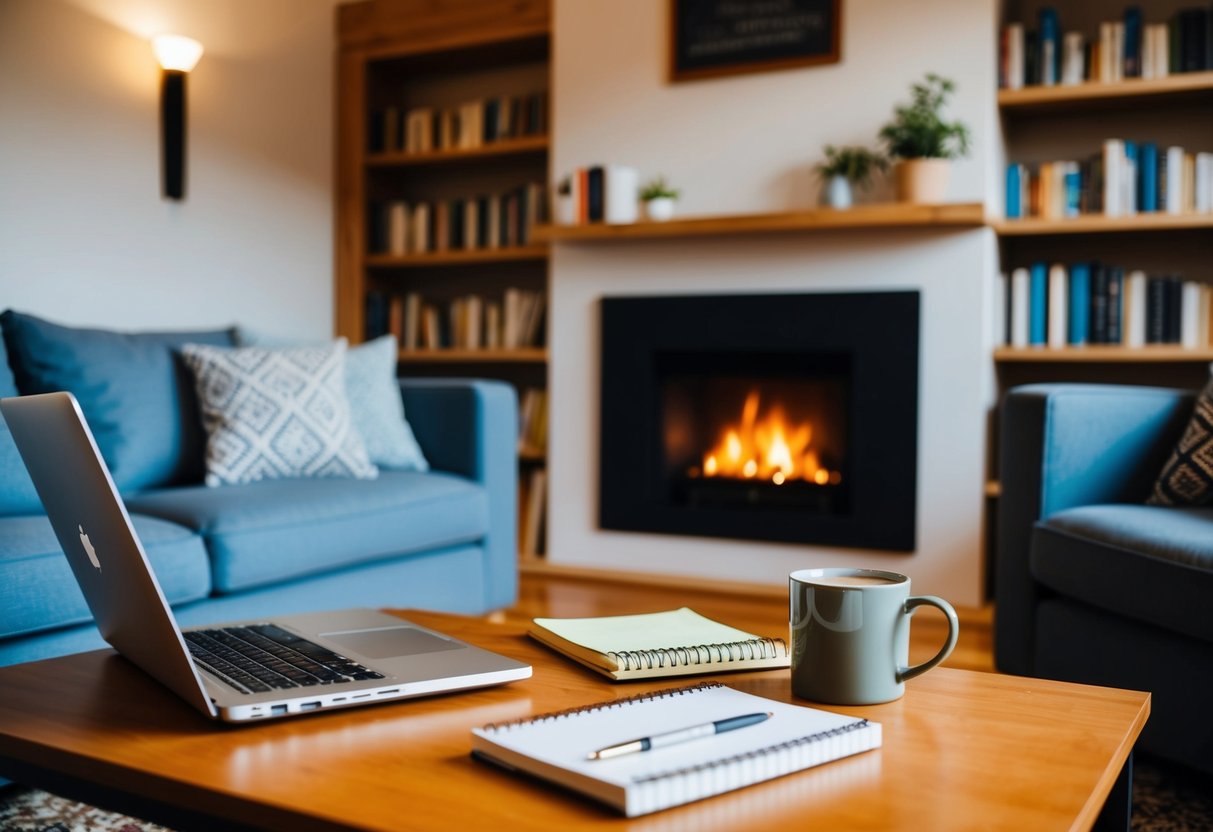 A cozy living room with a warm fireplace, a comfortable couch, and a shelf of books. A laptop sits open on the coffee table, surrounded by a mug of tea and a notepad