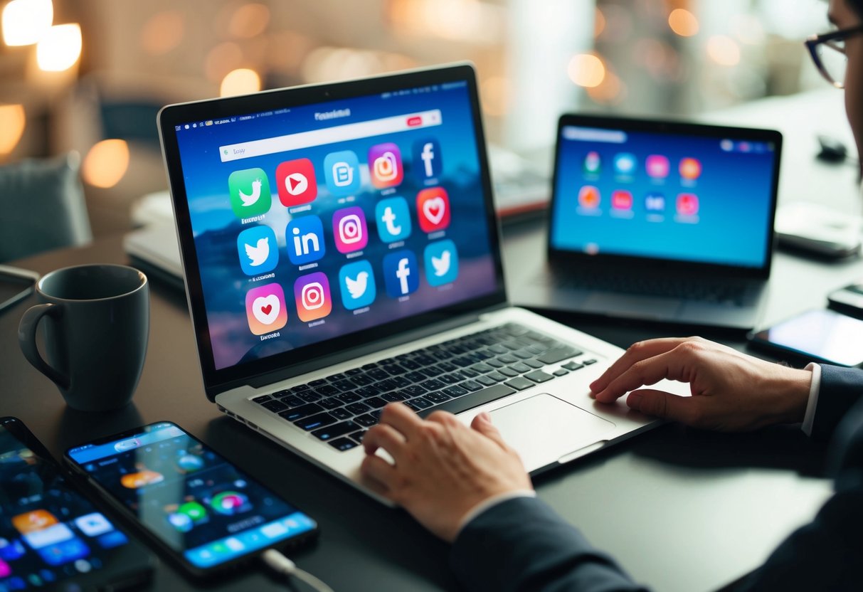 A person sitting at a desk surrounded by digital devices, with a laptop open and various social media and dating apps displayed on the screen