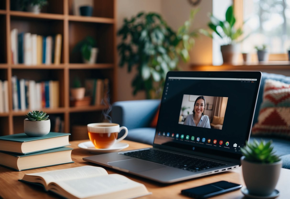 A cozy living room with books, plants, and a warm cup of tea. A laptop sits open on the table, with a video call in progress