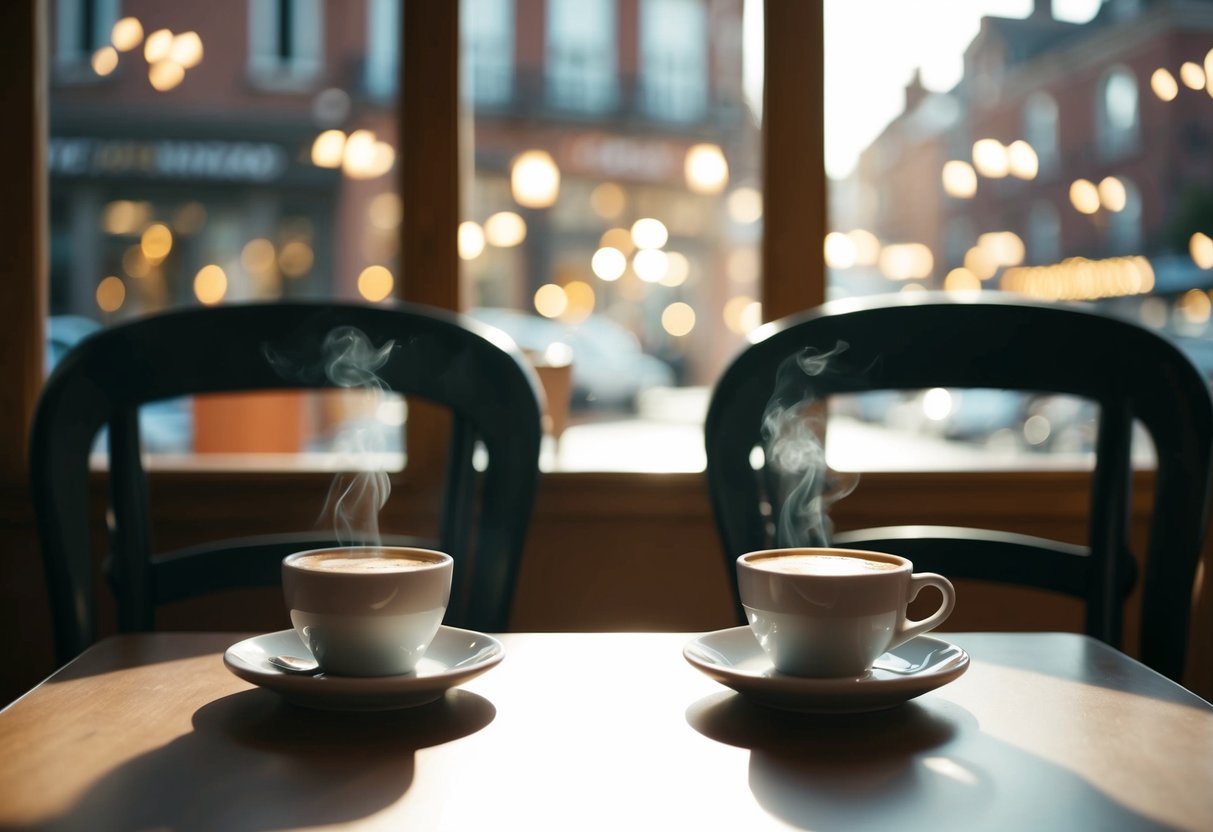 A cozy cafe with two empty chairs facing each other, a steaming cup of coffee on the table, and soft sunlight streaming through the window